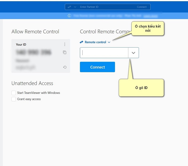 Chọn kiểu kết nối để bắt đầu làm việc với phần mềm Teamviewer