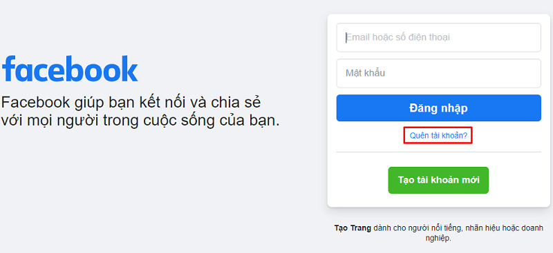 Chọn quên mật khẩu trên trang chủ đăng nhập Facebook