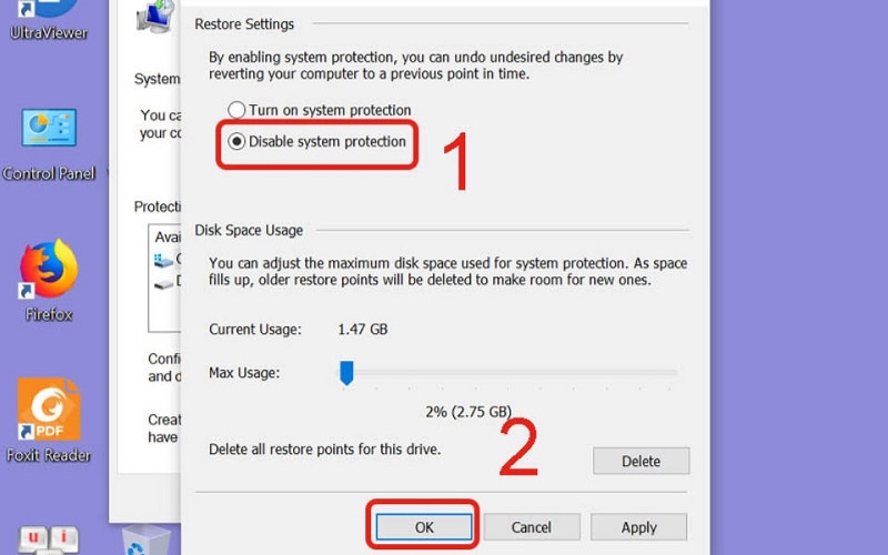 Đánh dấu tích vào disable system protection và chọn OK là xong