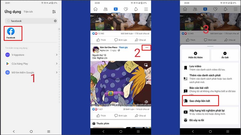 Mở Facebook nhấn chọn dấu 3 chấm trên video và sao chép đường link video từ Facebook