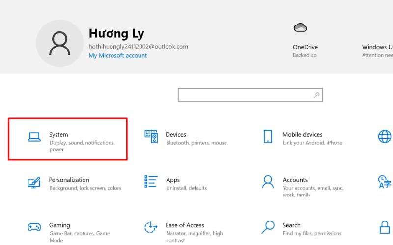 Mở thư mục windows setting và nhấn vào biểu tượng settings để thiết lập cài đặt