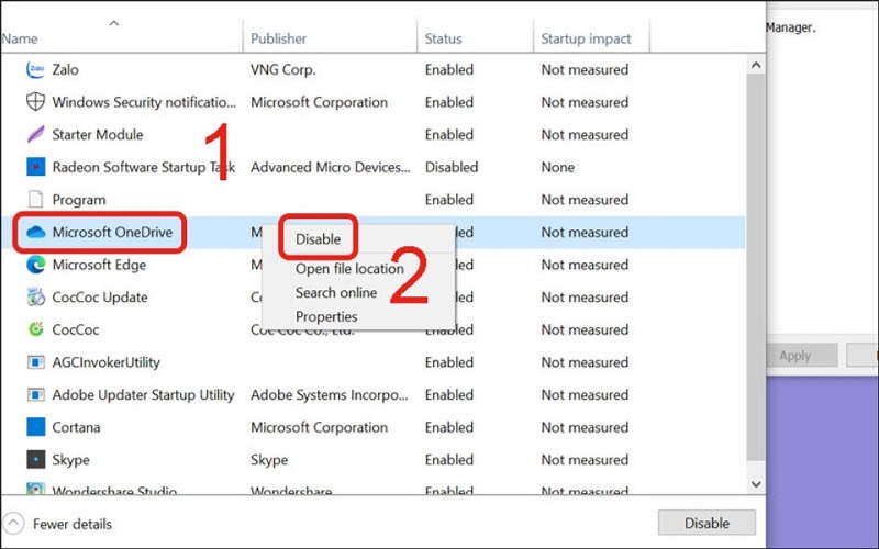 Nhấn chuột phải rồi chọn disable để tắt ứng dụng khởi chạy cùng windows