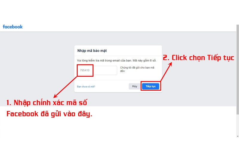 Nhập mã xác thực tài khoản Facebook và click vào tiếp tục