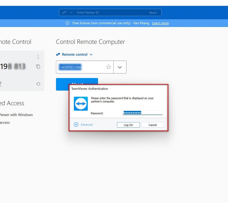 Nhập mật khẩu máy tính muốn điều khiển từ xa bằng Teamviewer