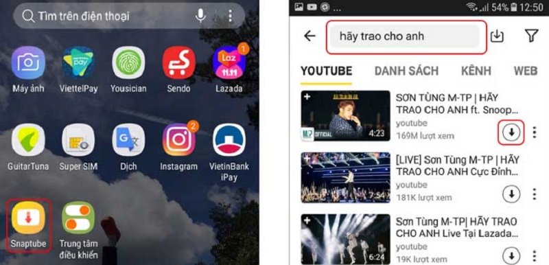 Tìm kiếm video yêu thích trên Youtube và nhấn chọn mũi tên để download