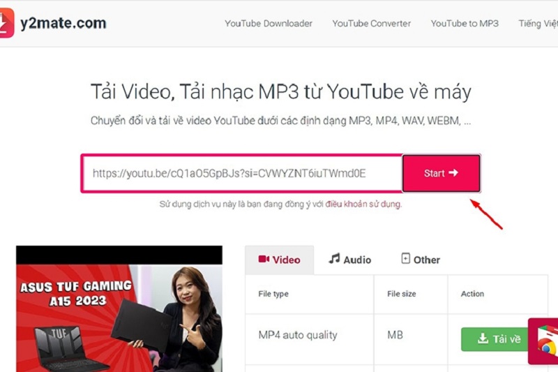 Truy cập vào trang chủ Y2mate rồi dán link video cần download vào mục trống để tải về