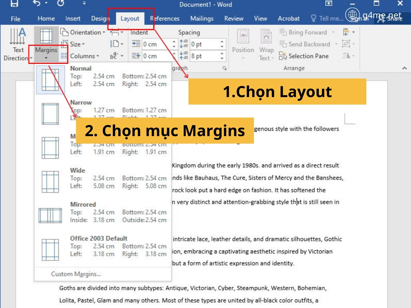 Bước 1: Chọn Layout và Margins