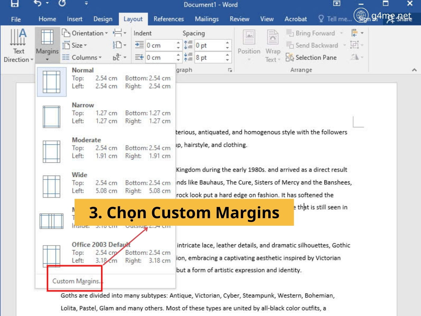 Bước 2: Chọn mục Custom Margins