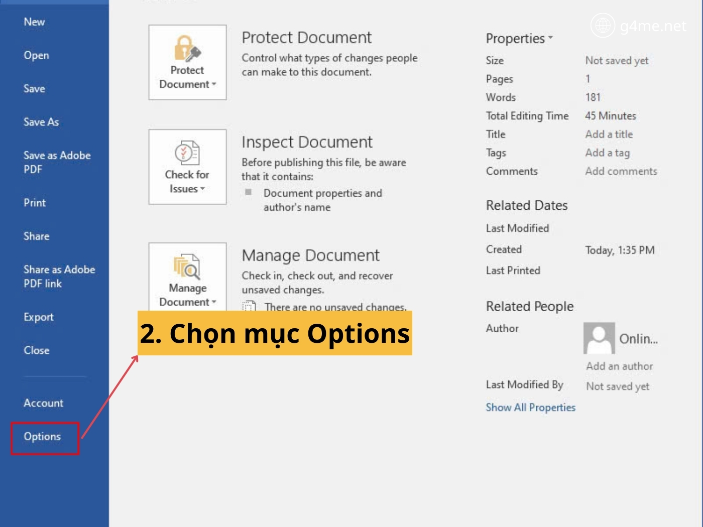 Bước 2: Chọn phần Options