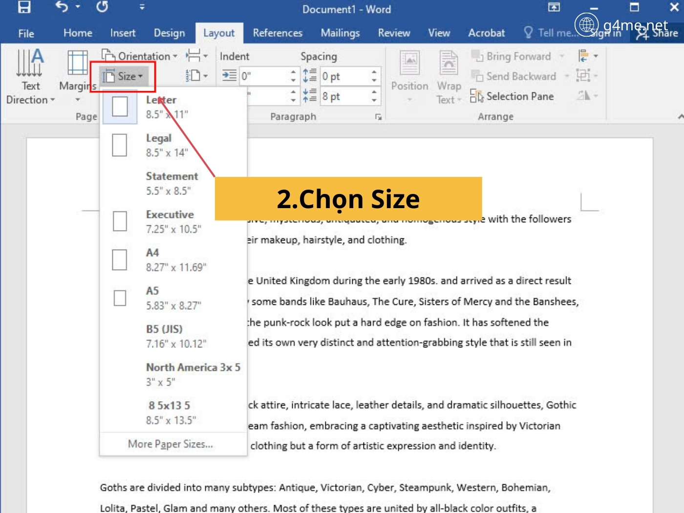 Bước 2: Chọn phần Size trong màn hình 