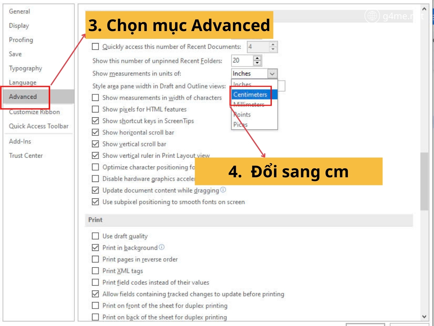 Bước 3: Chọn Advanced và đổi cm 