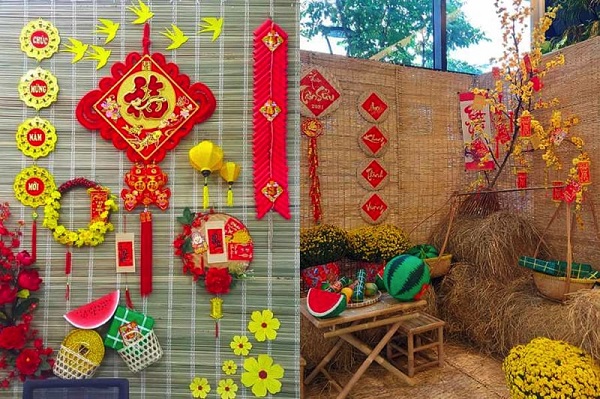 Mẫu tiểu cảnh tết với mô hình dưa hấu, bánh chưng