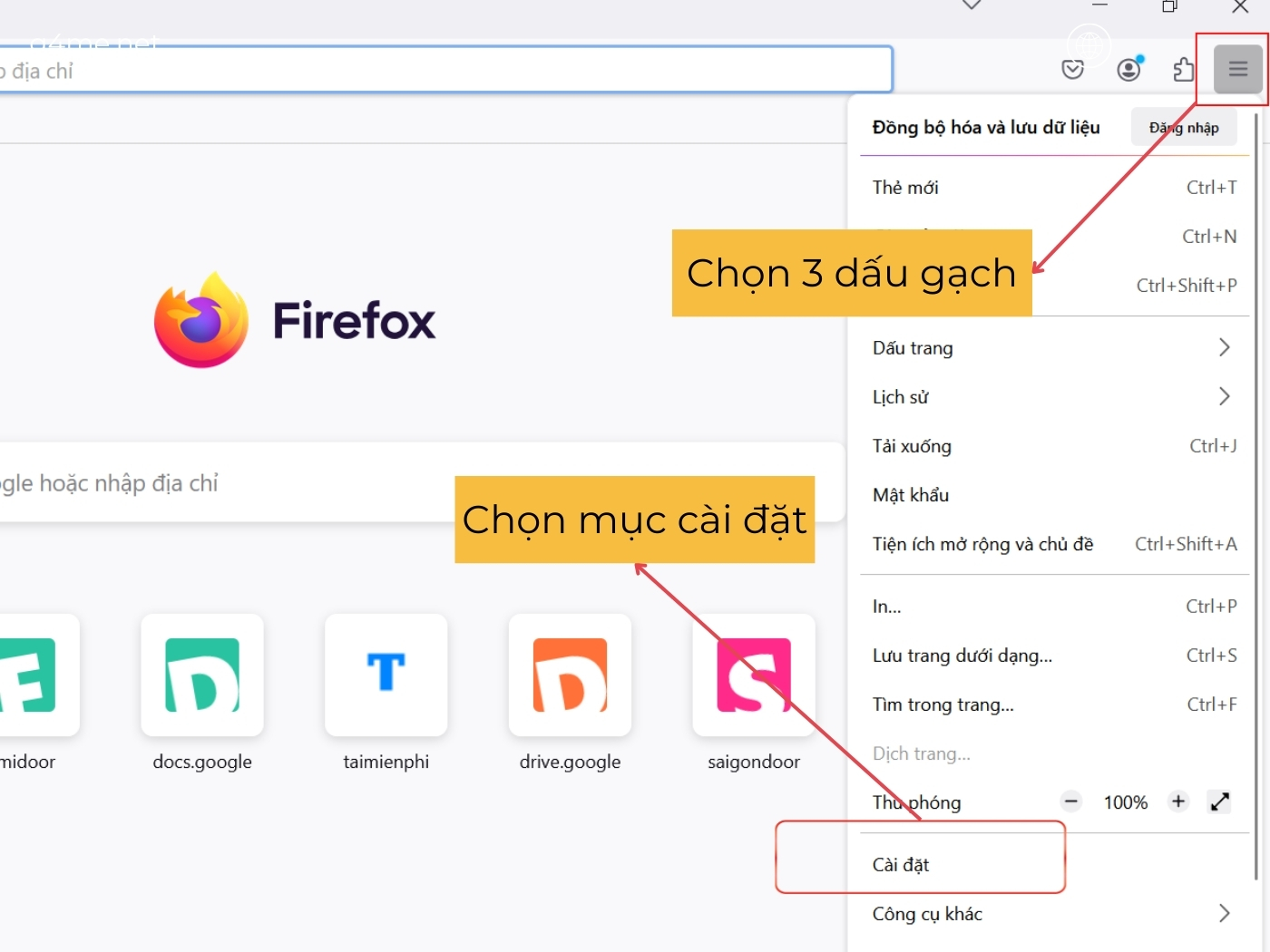 Chọn 3 dấu gạch và cài đặt 