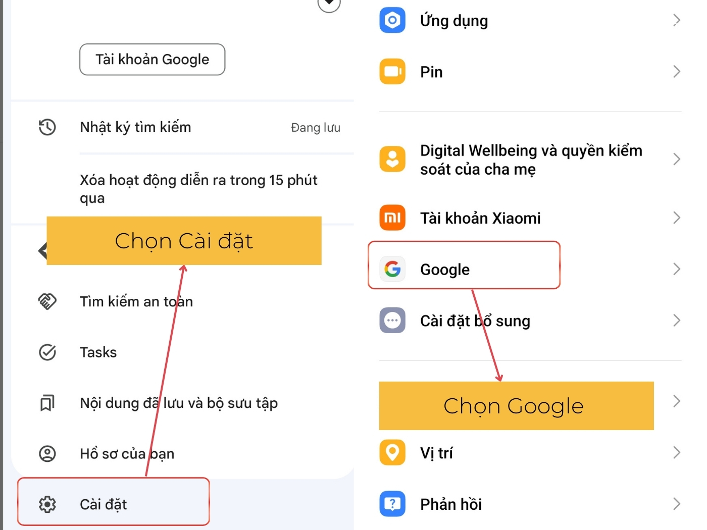 Chọn cài đặt và Google 
