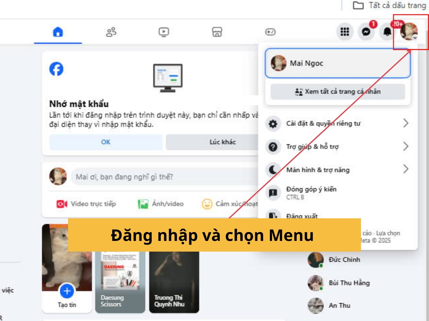 Chọn đăng nhập và menu 