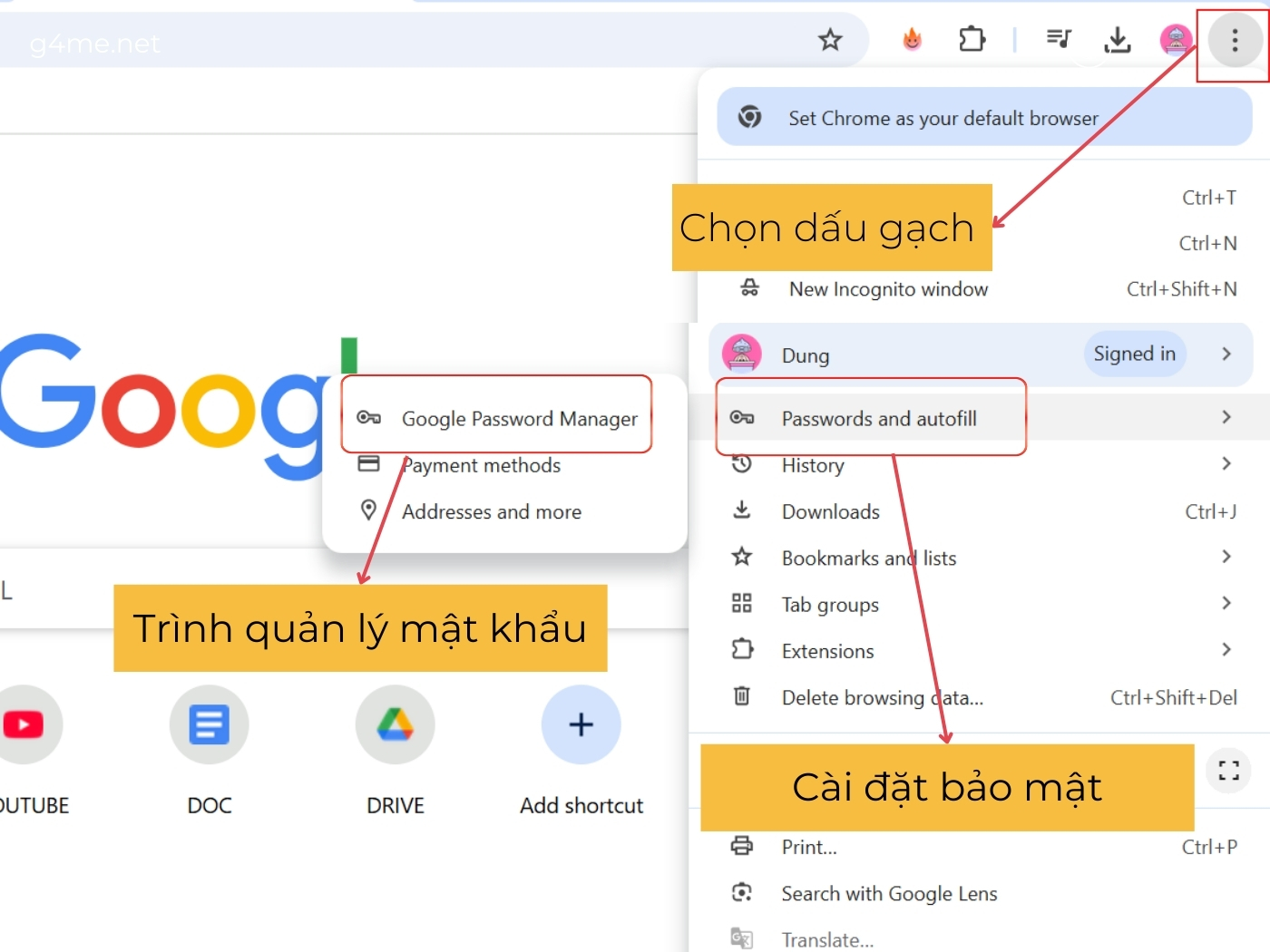 Chọn dấu gạch và cài đặt mật khẩu 
