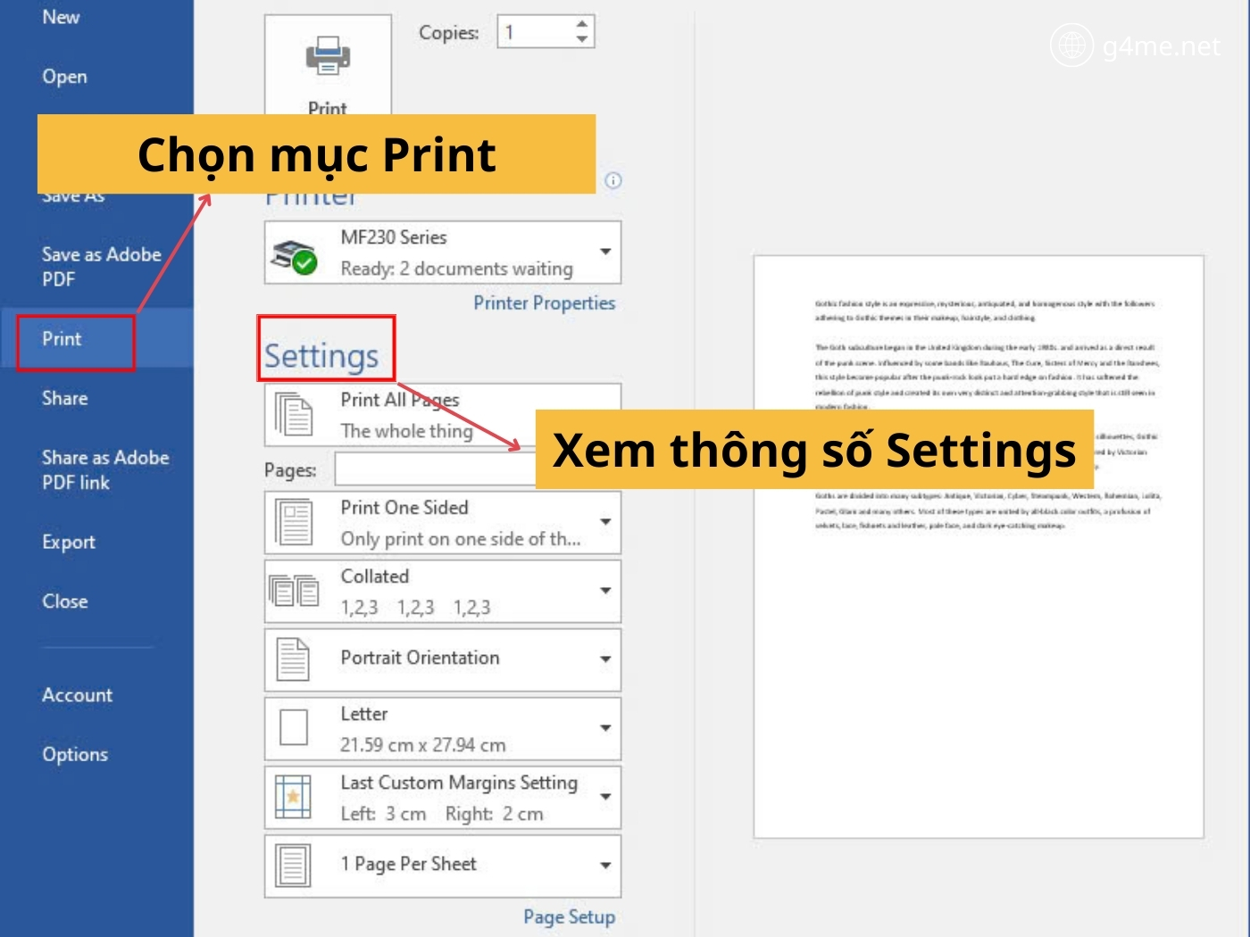 Chọn mục Print để xem các thông số 