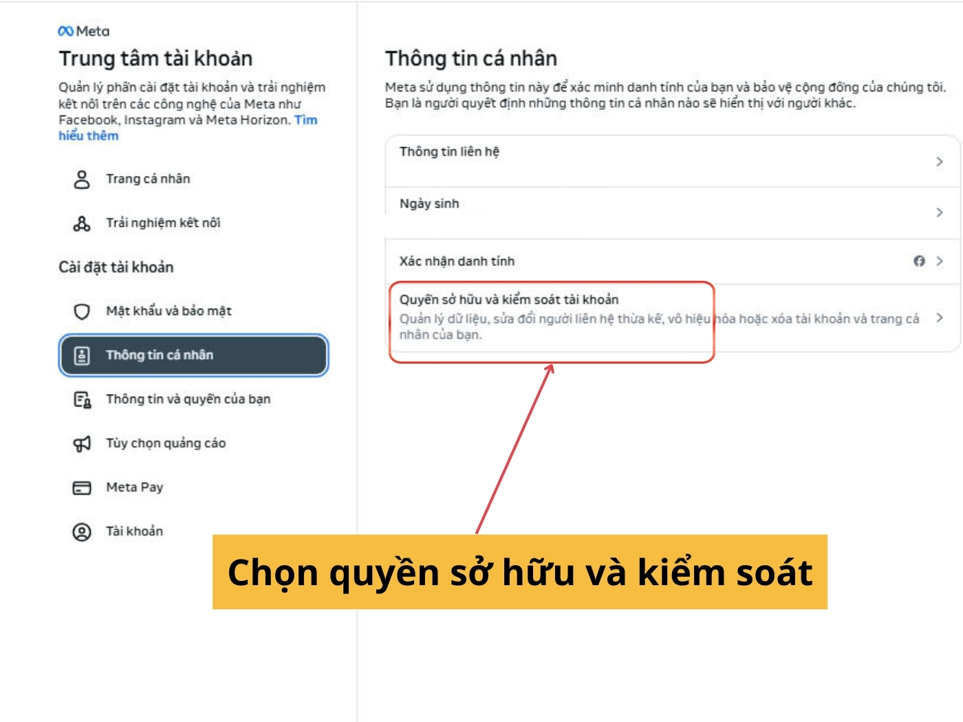 Chọn mục quyền sở hữu và kiểm soát tài khoản 