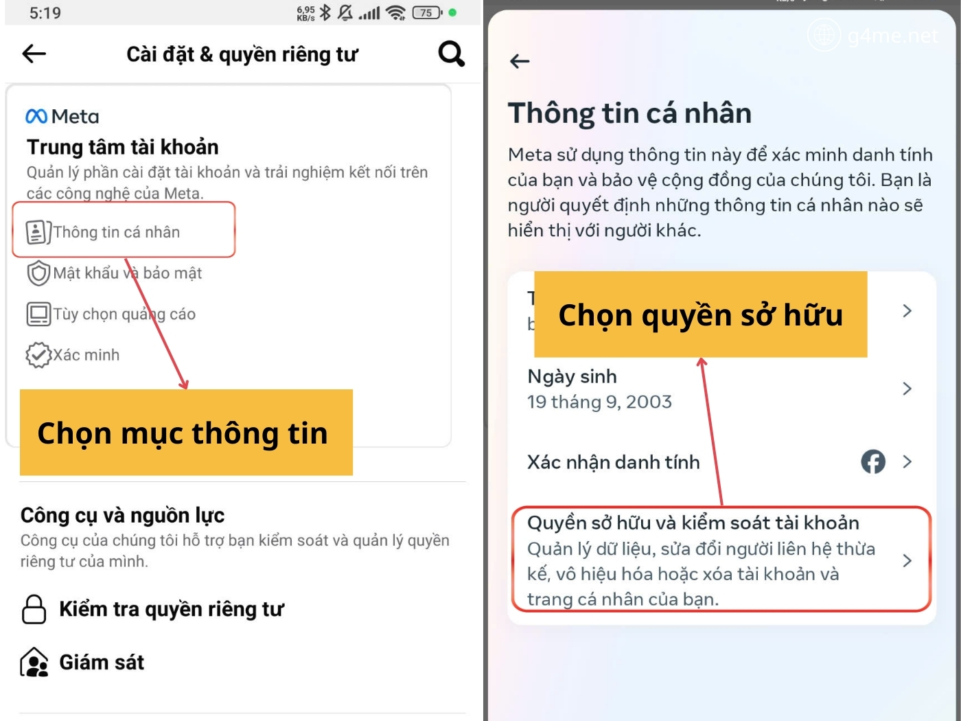 Chọn mục thông tin và quyền sở hữu 