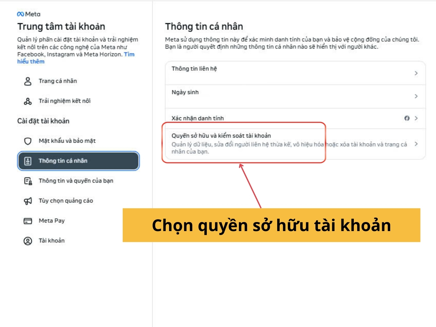 Chọn quyền sở hữu tài khoản 