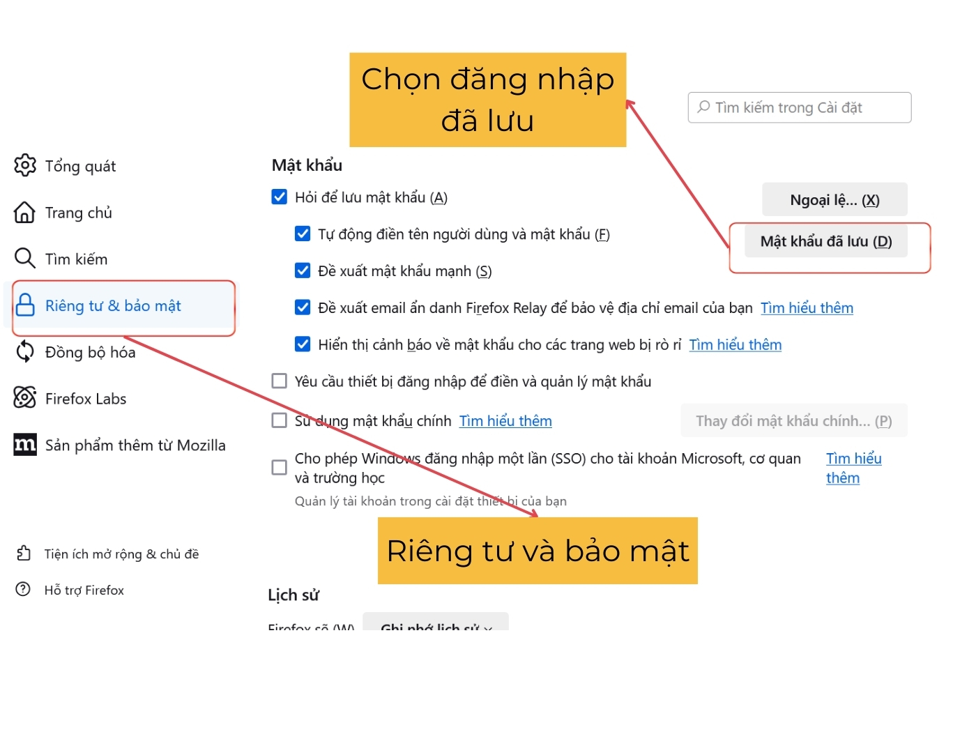 Chọn riêng tư và đăng nhập đã lưu 