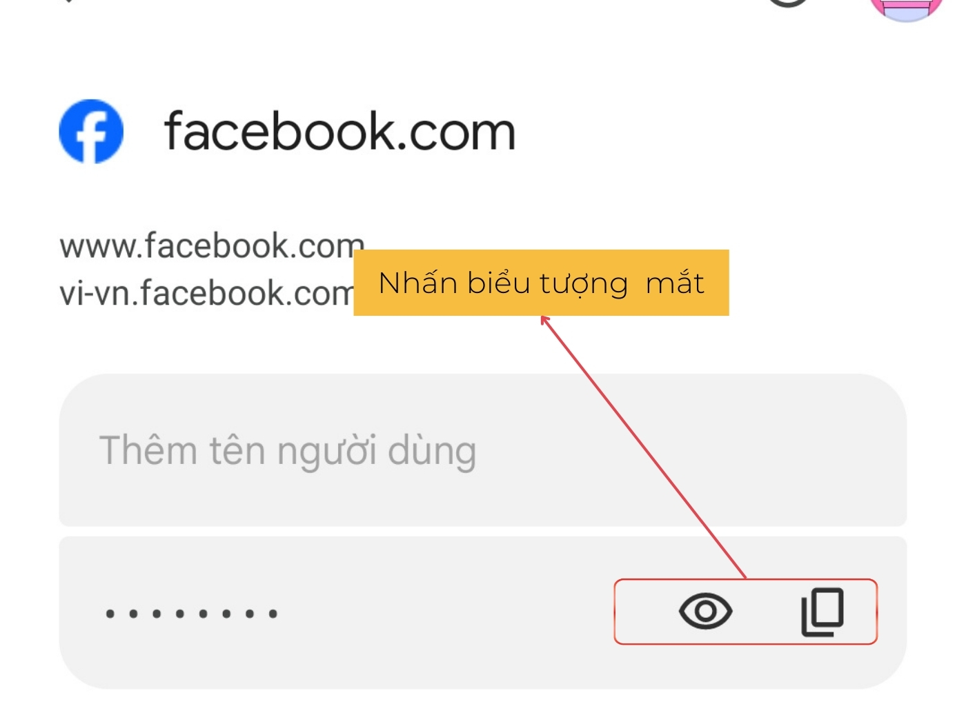 Chọn tài khoản và biểu tượng mắt 