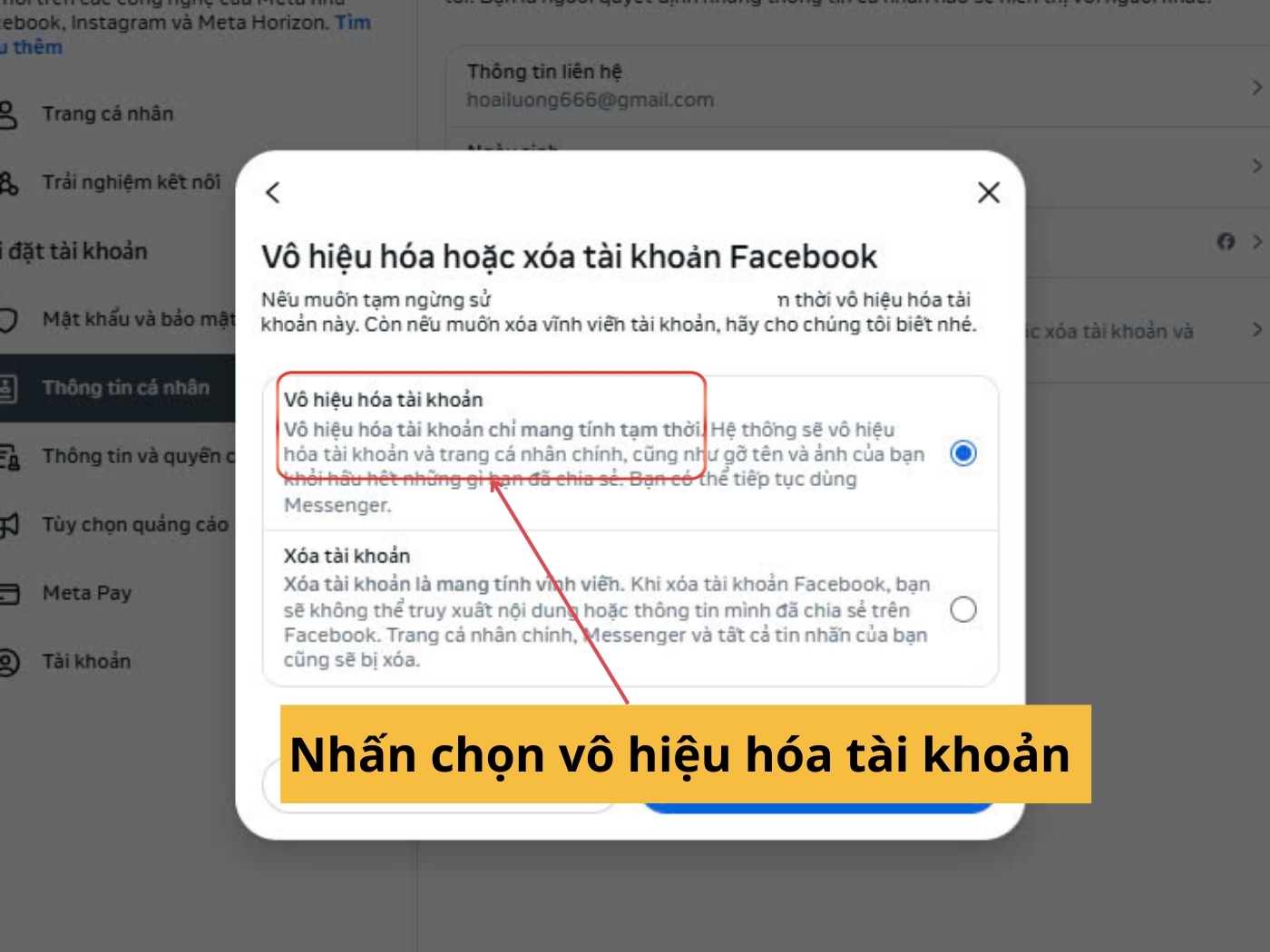 Chọn vô hiệu hóa tài khoản 