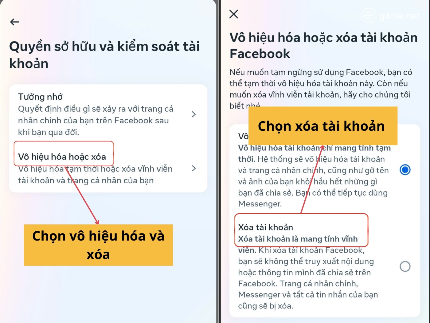 Chọn vô hiệu hóa và xóa tài khoản 