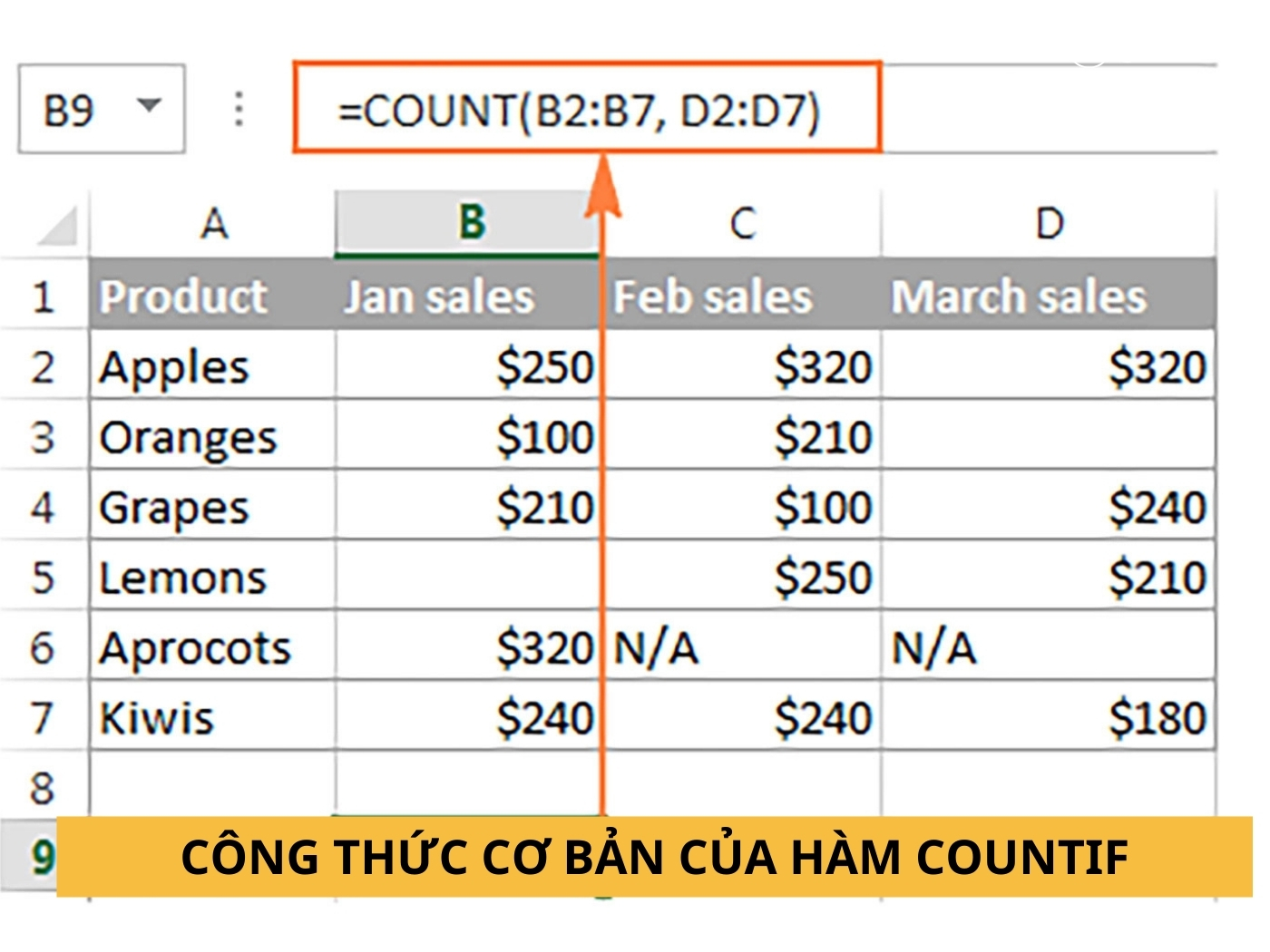 Công thức sử dụng hàm COUNTIF đơn giản 