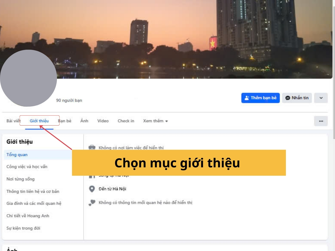 Vào trang cá nhân và chọn giới thiệu 